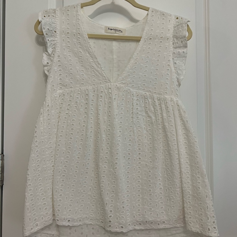 Impressions Boutique White Eyelet Babydoll Top Size Small